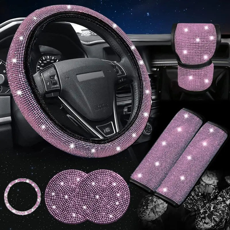 38cm Bling Car Accessories Set – Rhinestone Steering Wheel Cover & More