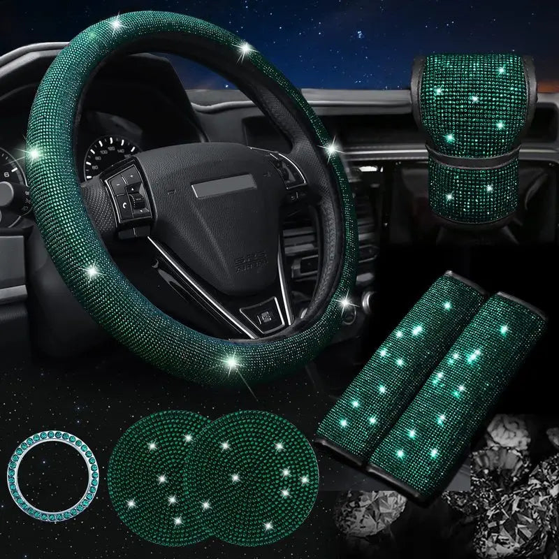 38cm Bling Car Accessories Set – Rhinestone Steering Wheel Cover & More