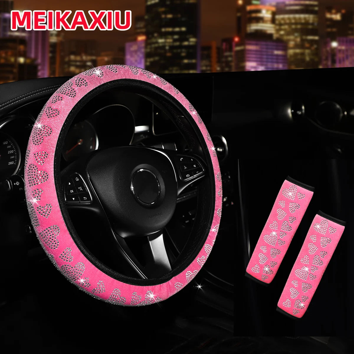 3-Piece Love Diamond Plush Steering Wheel Cover Set – Universal Fit