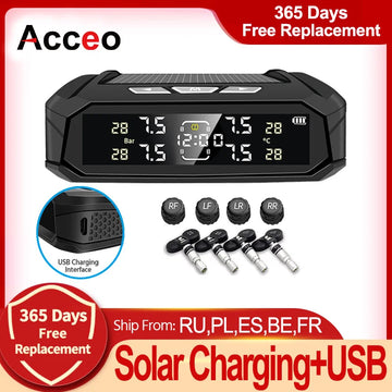 Acceo K10 Solar Power Car TPMS Digital LCD Display Car Security Alarm Tire Pressure Monitoring System with 4 Sensors
